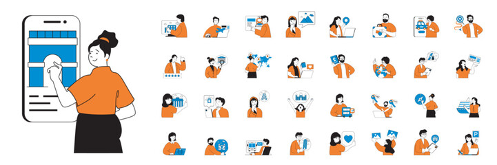 Poster - Travel concept with character situations mega set in flat web design. Bundle of scenes people planning trip online, booking tickets, go in vacation with sightseeing excursions. Vector illustrations.