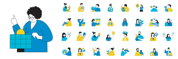 Aufkleber - Ecology concept with character situations mega set in flat web design. Bundle of scenes people using alternative energy sources, saving planet and nature, recycling waste. Vector illustrations.