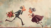 Elderly Cartoon Couple In Love, Running With Flowers, Whimsical Style, Romance Concept - Charming Illustration For Greeting Cards, Posters
