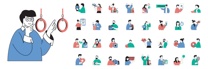 Aufkleber - Fitness concept with character situations mega set in flat web design. Bundle of scenes people running, cycling, dieting, doing cardio and gymnastics exercising, training at gym. Vector illustrations.