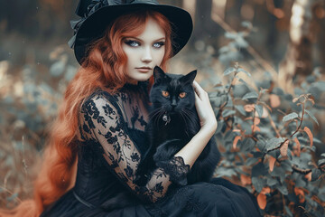 Sticker - Gothic Woman Cosplay Witch with Black Cat