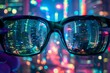 Through the lens of eyeglasses, envision an extravagant futuristic city blossoming with towering skyscrapers, networks of sky-bridges, and vibrant lights Develop this scene into a distinctive
