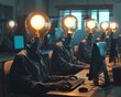 Intriguing re-imagination of an office scenario with personnel functioning on computers, their heads swapped out for shining lightbulbs