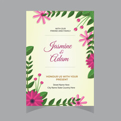 Wall Mural - Watercolor Pink Spring Flowers and Leaves with Pink Striped Background, Wedding Invitation Template Set. Table Number&Thank You Labels, Invitation Card, Save The Date Card, R.S.V.P. Card and Menu.