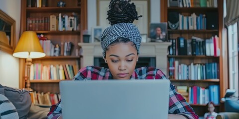 African American Female developer codes on her laptop while working from home (wfh) during the day