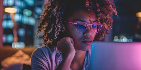 african american female developer codes on her laptop while working from home (wfh) at night