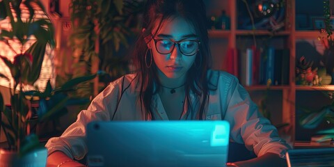 Korean American Female developer codes on her laptop while working from home (wfh)