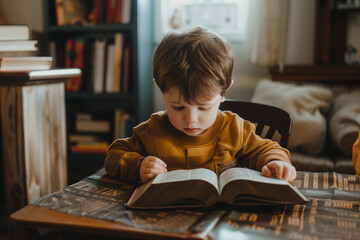 Little cute boy studying the scriptures at home, Christian bible study concept.