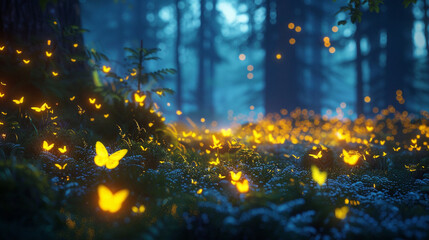 Sticker - Firefly Glowing in Forest with Butterflies