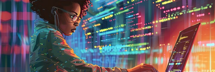 African American female software developer - coder working on debugging an app or platform with technical data in the background