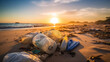 Trash scattered on beach during sunset, highlighting. Concept environment problem plastic pollution in Asia.