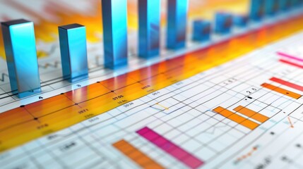 Wall Mural - Colorful business analytics bar chart on a graph paper.