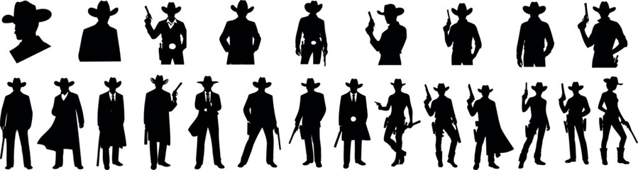Wall Mural - Cowboy, cowgirl silhouette in various poses, ideal for western themed designs, vector illustrations. Perfect for graphic design projects, western style themes, and character outlines