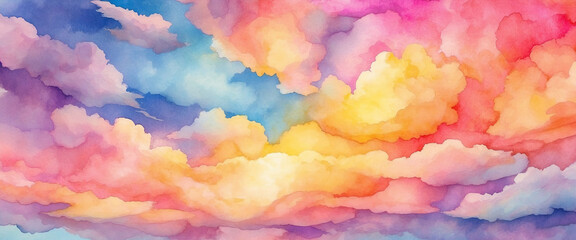 Wall Mural - Colorful watercolor abstract background with cloud pattern symbolizes beauty, with bright shades of orange, yellow, blue, pink and purple.