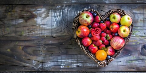 Wall Mural - Different type of fruit in wooden heart basket top view 