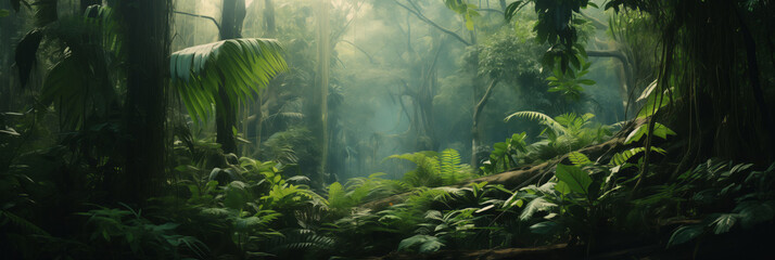 Sunlight filters through dense jungle, illuminating natural path. Panorama fantasy backdrop, Realistic nature rainforest.