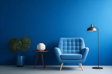 Wall Mural - Creative interior design in blue studio with armchair. Minimal color concept