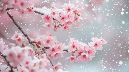  Cherry blossom branch with pink flowers against snowy background