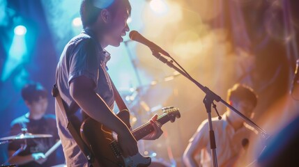 Asian musician playing guitar and singing into microphone on stage with band