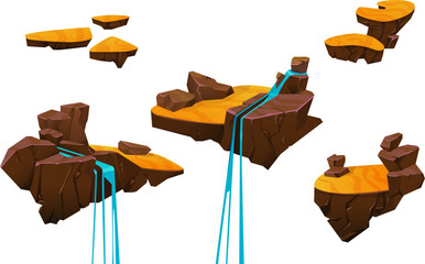 Wall Mural - floating desert land platform with sand surface, rocky cliff and river stream with waterfall for vid