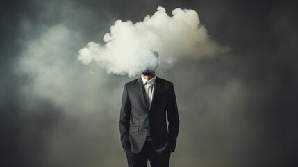 business man with clouds in front of his head, unclear mind, foggy ideas concept 