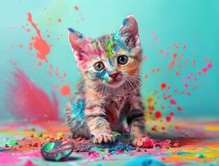 an art of a realistic, very cute, and playful kitten covered in paint