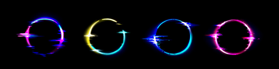 Wall Mural - neon circle frame with glitch effect. realistic vector illustration set of retro futuristic ring des