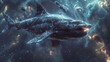 Biomech shark swimming through space debris, its eyes a deep, dark void