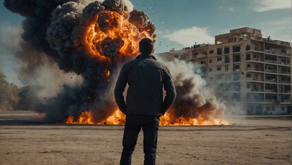 Wall Mural - person from behind in front of an explosion