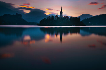 Amazing View On Bled Lake, Island,Church And Castle With Mountain Range