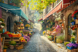 Fototapeta Uliczki - Picturesque Cobblestone Alley in European Town with Flower Shops and Morning Sunlight