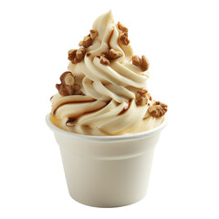 front view of maple walnut soft serve ice cream in a white gelato cup isolated on a white transparen