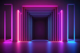 Fototapeta Przestrzenne - Neon Lights in Modern Futuristic Corridor