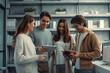© muse studio - Four happy young adults using smartphones and a tablet, engaged in a light-hearted interaction in a modern office setting.