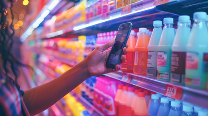 a close up on the hand with a smartphone scanning a barcode at grocery shelf capturing the moment in vibrant colors