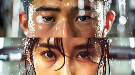 筋トレに挑むアジア人男女の表情を捉えたコラージュ写真