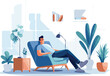 Young man sitting in armchair and working on laptop at home Flat vector illustration