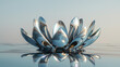 3d render of a chrome lotus with glossy petals opening on a serene water blue background