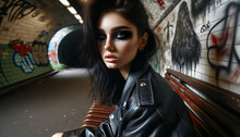 Portrait Of A Punk Woman In Leather Jacket, Tunnel Background 