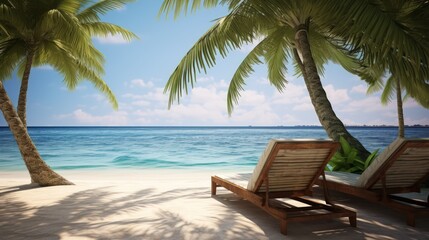 Poster - Lounge chairs on the beach create a picturesque summer landscape.