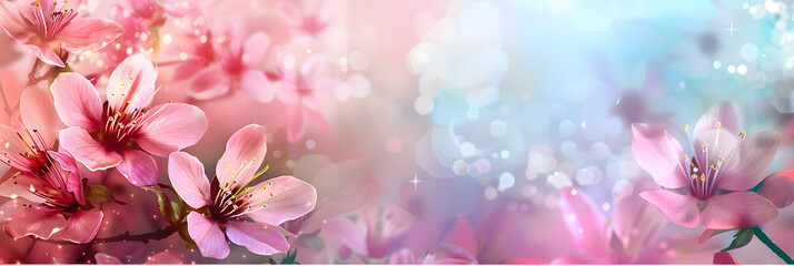 Wall Mural - Mother's Day abstract pink color background decorated with pink flowers. Banner with copy space