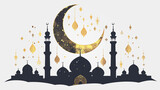 Fototapeta Przestrzenne - luxury Islamic banner, template, invitation, background with moon, mosque dome and lanterns.