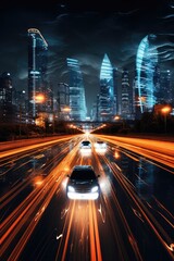 Canvas Print - Futuristic City Nightlife with Speeding Car Lights