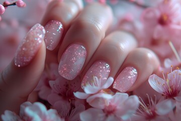 Wall Mural - a detailed image of elegant hands featuring manicured nails with a delicate cherry blossom design