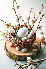 Wall Mural - Easter composition with white egg in nest and pussy willow twigs on a wooden cut.