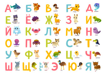 Wall Mural - cute russian alphabet poster for kids with animals. bright abc learning banner with cartoon wild ani