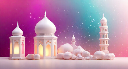 Wall Mural - Islamic Ramadan and Eid Mubarak 3D renders soft light effects on an abstract HD aesthetic background