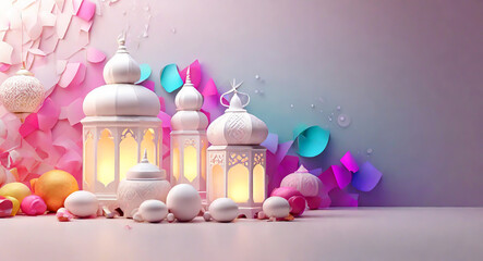 Wall Mural - Islamic Ramadan and Eid Mubarak 3D renders soft light effects on an abstract HD aesthetic background