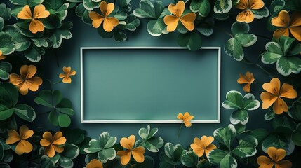 Wall Mural - smooth green background With a white frame for inserting text, surrounded by clover leaves, the leaves of good luck. It is said that in 10,000 clover trees, you will find only one with 4 petals.