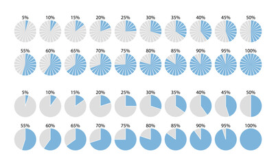 Wall Mural - Blue piechart with segments and slices. 100 percent round section graph. Circular structure divided into pieces. Pie diagram template. Set schemes. Blue circle chart. Vector illustration